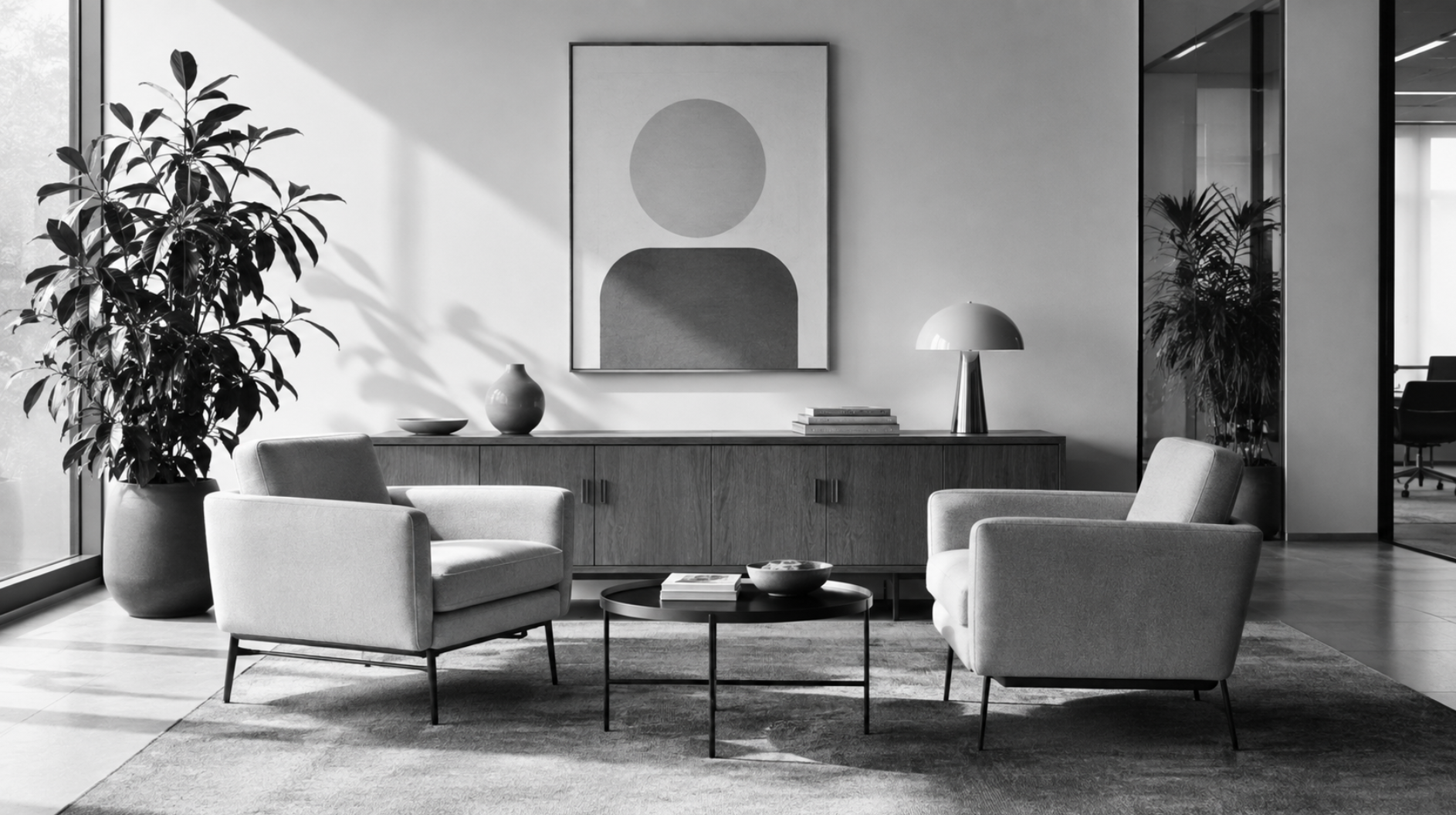 A team collaborating in a bright workspace